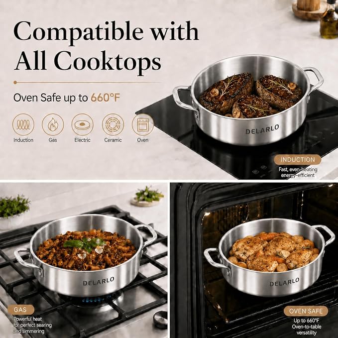 DELARLO Tri-Ply Stainless Steel 10 Inch Frying Pan 3QT Saute Pan With Lid Kitchen Skillets Induction Compatible Chef Cooking Pan Dishwasher & Oven Safe