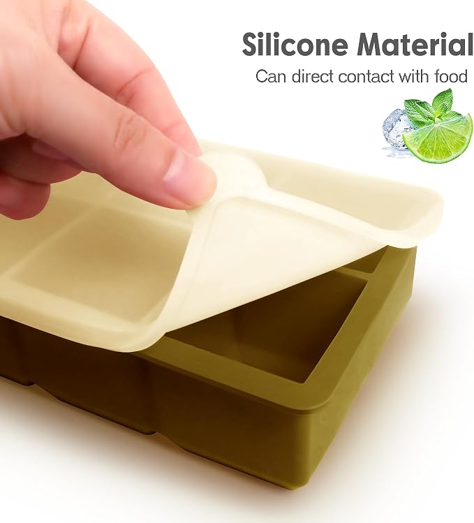 Silicone Ice Cube Trays with Lids,Large Square Ice Cube Molds for Freezer, Whiskey, Cocktail, Stackable Flexible and Reusable & Easy Release BPA Free (2 Pack&Dark Gray and Army green)