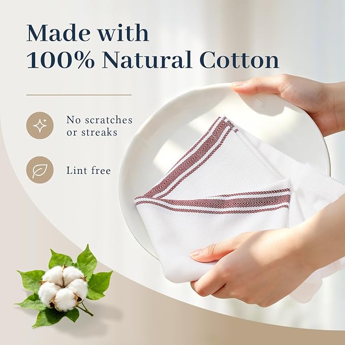 Homaxy 100% Ring Spun Cotton Kitchen Towels 6 Pack, Red Stripe | 15 x 25 Inch, Highly Absorbent Dish Towels for Kitchen Drying, Reusable Cleaning Cloths, Soft Tea Towels with Hanging Loop