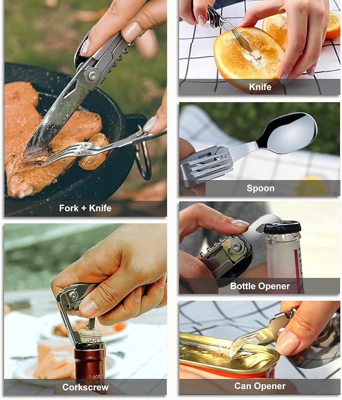 6-in-1 Camping Utensils Set with Case Folding Fork Spoon Knife | Detachable Travel Pocket Cutlery Combo, Portable Flatware with Wine Bottle Can Opener for Picnic Outdoor, 420 Stainless Steel