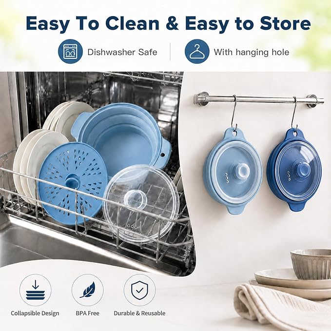 42oz Silicone Microwave Food Steamer with Steam Basket, Collapsible Steamer for Cooking Vegetable, Seafood, Dumplings, Rice Cooker, BPA Free Small Steam Pot with Handle & Lid, Dishwasher Safe (Blue)