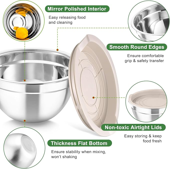 TeamFar Mixing Bowls with Lids, 5PCS Stainless Steel Metal Salad Bowl | with lids & 3 Grater Attachments, for Cooking/Prepping/Serving, Airtight Lids & Easy Clean - 0.7/1/1.5/2.6/4.6QT, Khaki