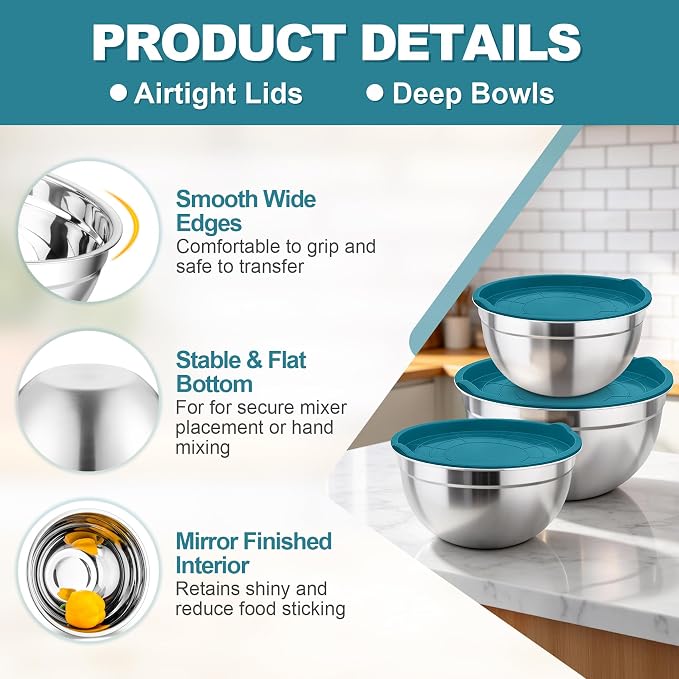 TeamFar Mixing Bowls, Stainless Steel Nesting Salad Bowls & Airtight Lids | For Serving/Mixing/Storing, Healthy & Heavy-duty, Dishwasher Safe & Easy Clean, 4.6/3 / 1.5 QT, Navy Blue