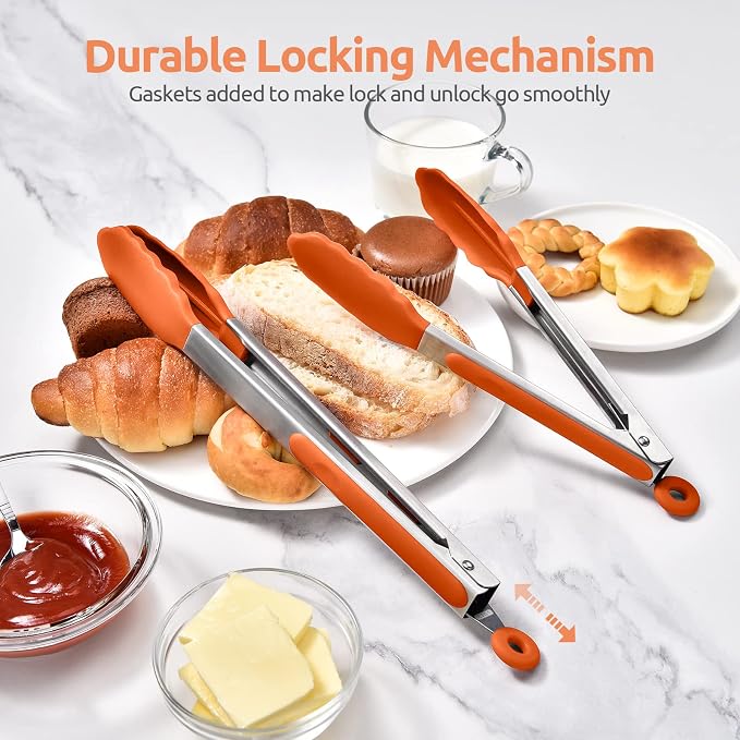 U-Taste Kitchen Tongs for Cooking, 600ºF Heat-Resistant Tps, 2Pcs/Orange | Silicone Tong Set 9/12in, Salad/Grill/BBQ Plastic Tong for Food Serving, Rubber Tipped Tong with 18/8 Stainless Steel Handle