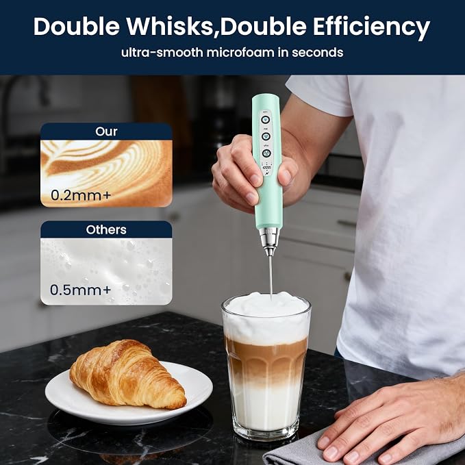 Milk Frother Wand Rechargeable Handheld Electric Whisk 3 Speed Adjustable | Coffee Frother Wand with 3 Stainless Whisks Electric Foam Maker Drink Mixer Blender for Latte Cappuccino Matcha Egg