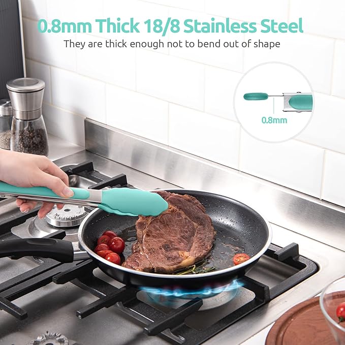 U-Taste Kitchen Tong for Cooking, 600ºF Heat-Resistant Tps, 9in/Aqua Sky | Rubber Tong for Serving Food, Salad/Grill/BBQ/Steak/Pasta Silicon Tongs, 18/8 Stainless Steel Handle & Smooth Locking