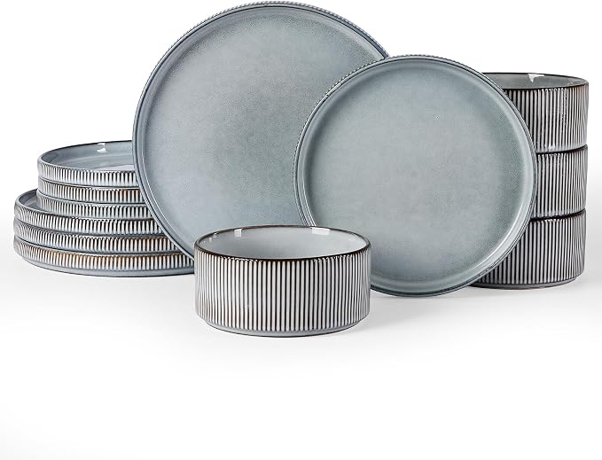 Famiware Star Stoneware Dinnerware Set, Reactive Glaze Plates & Bowls for 4 | 12-Piece Handmade Ribbed Dishes, Chip & Scratch Resistant Ceramic. Microwave & Dishwasher Safe, Rustic Modern, Smoky Blue