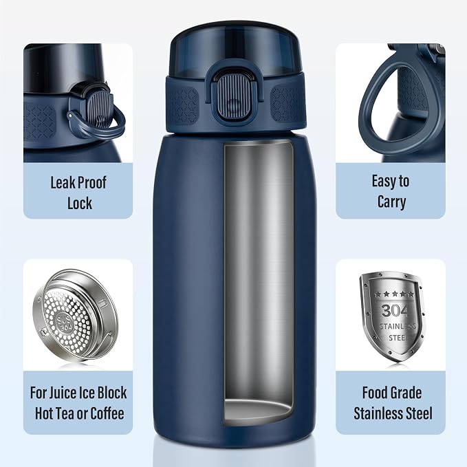 Insulated Water Bottle 12 oz with Dustproof Lid, Carry Handle & Tea Infuser, BPA-Free & Leakproof, Stainless Steel Water Bottles Ideal for Fitness, Hiking, Office & Outdoor Use （Dark Blue ）