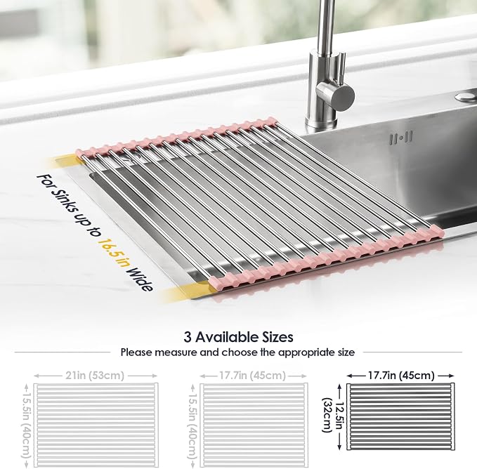 Tomorotec Roll Up Dish Drying Rack Over Sink, 304 Steel, 17.7x12.5, Pink | Anti-Slip Silicone Rims For Grip, Heat-Resistant Trivet Mat Holding Heavy Cookware, Rustproof Kitchen Counter Space Saver
