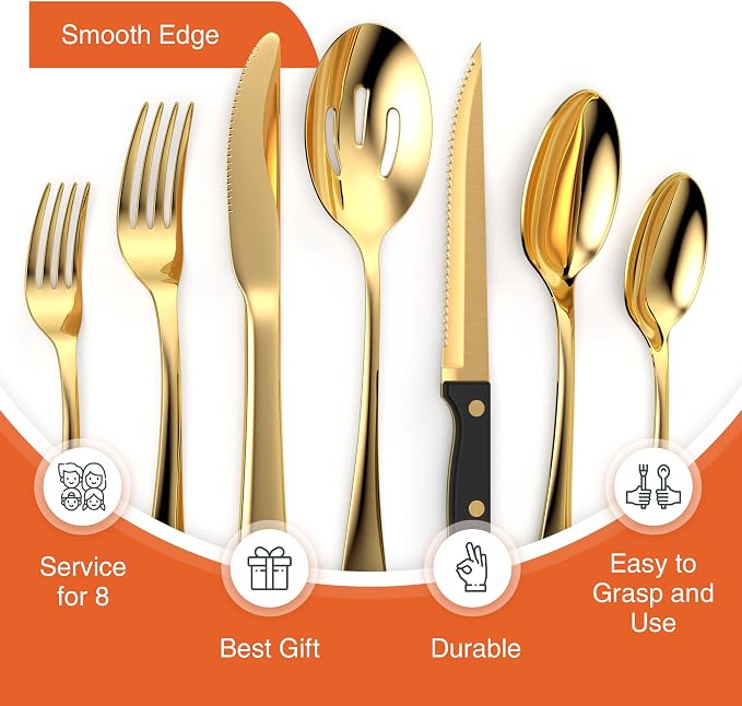 49 Piece Gold Silverware Set - Service for 8 - Stainless Steel Gold Flatware serving set - Cutlery Set - Knives, Fork, and Spoon - Dishwasher Safe - Stunning Polished Finish