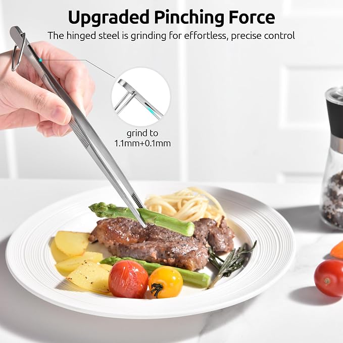 U-Taste Kitchen Cooking Tweezer, 18/8 Stainless Steel Tong, 8in/Pointed Tip | Food-Grade Metal Food Tong with Non-Slip Tips, Professional Chef Tweezers for Plating Serving Grilling Frying Cooking Baking