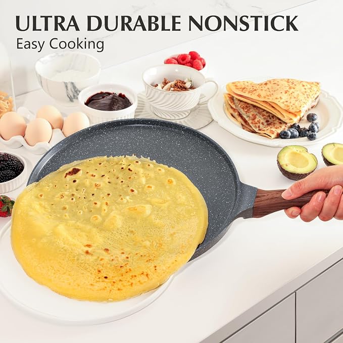 SENSARTE Nonstick Crepe Pan, Swiss Granite Coating Dosa Pan Pancake Flat Skillet Tawa Griddle 10-Inch with Stay-Cool Handle, Induction Compatible | Swiss Granite Coating Dosa Pan Pancake Flat Skillet Tawa Griddle with Stay-Cool Handle, Induction Compat...