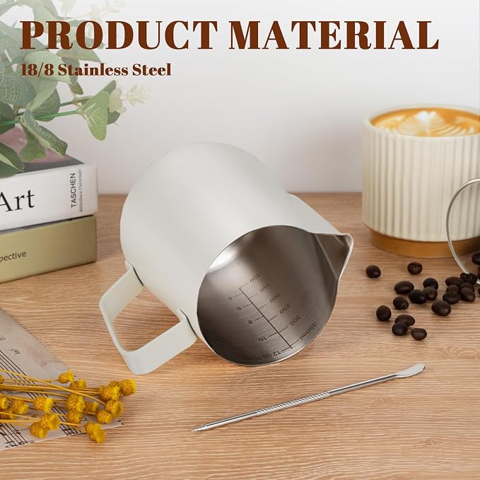 Amrules Milk Frothing Pitcher 12oz Frother Cup Barista Tools, White | 18/8 Stainless Steel, 12oz Capacity with Clear Scale, with Decorating Pen, Ergonomic Handle, for Cappuccino, Latte & Espresso