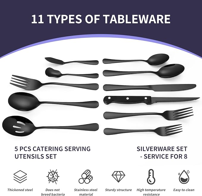 Lazycorner 53 Piece Black Silverware Set for 8, Flatware Set with Steak Knives for 8 and 5 Serving Use Set 18/10 Stainless Steel Serving Utensils Set Cutlery Set For Restaurant Hotel Dishwasher Safe
