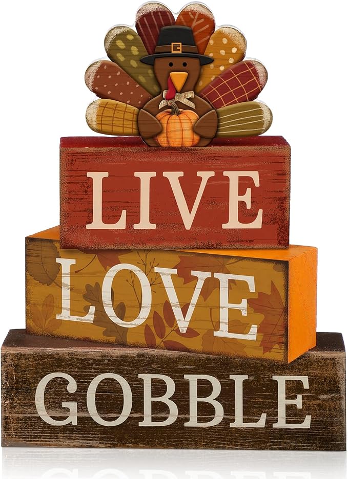 Lineshading 4 Pcs Thanksgiving Wooden Block Signs Turkey Tiered Tray Decor | Farmhouse Fall Table Centerpiece, Turkey Topper Sunflower Theme, Stacked Wood Blocks Live Love Gobble for Kitchen Shelf