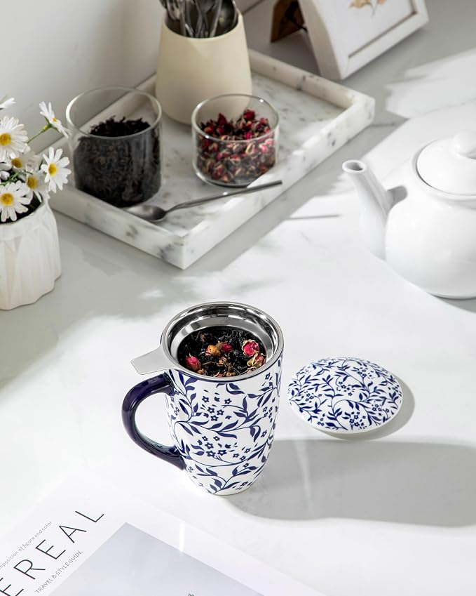 vancasso SELENE Porcelain Tea Mug, 18 oz Porcelain Tea Cup with Infuser and Lid Steeps Loose Leaf Tea, Microwave & Dishwasher Safe, Delicate Floral