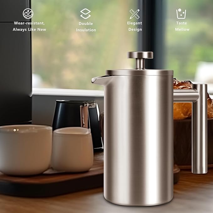 French Press 34 OZ, Durable Stainless Steel French Press Coffee Maker | Double-Wall Insulated Coffee Presses for Travel Camping Tea Everyday, Easy to Use, Dishwasher Safe