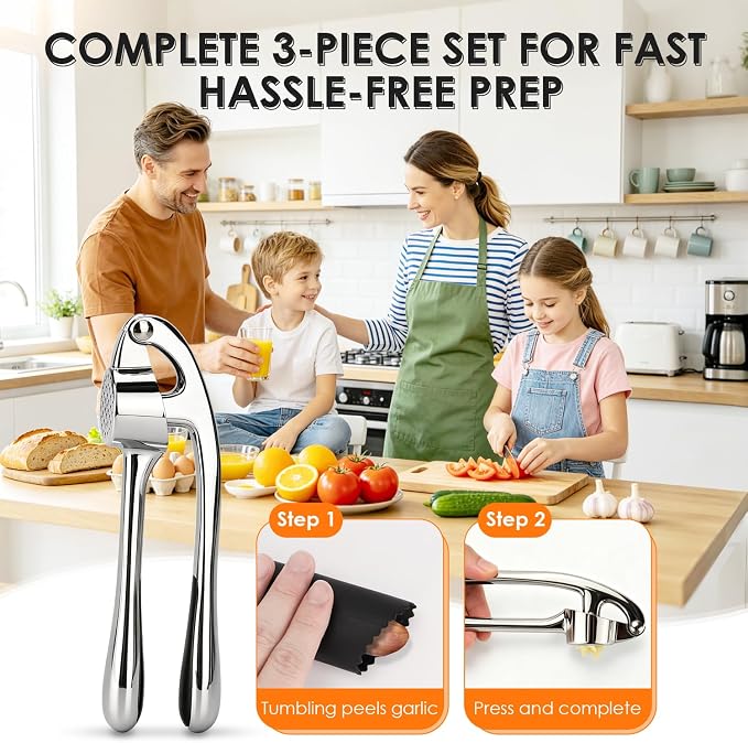 TACGEA Kitchen Garlic Press Set, Rust Proof Garlic Mincer Tool with Silicone Garlic Peeler and Brush