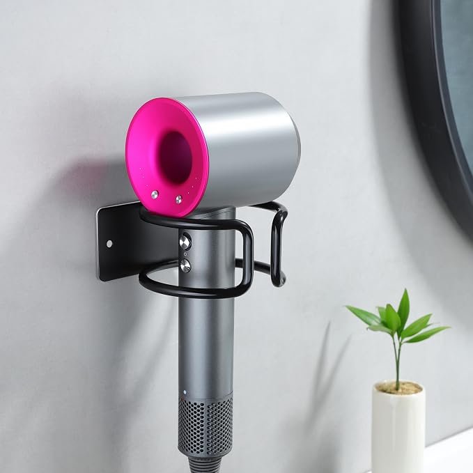 YIGII Universal Hair Dryer Holder, Wall Mounted Adhesive Rack, Black | Stainless Steel Blow Dryer Hanger Compatible with Most Hair Dryers, Space-Saving Bathroom Cabinet Storage