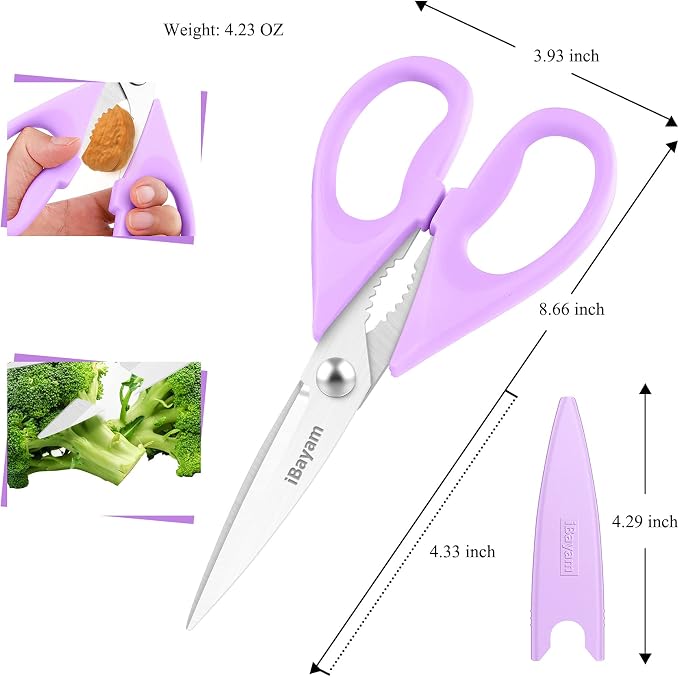 iBayam Pastel Kitchen Scissors All Purpose Heavy Duty & Cover, Pink/Purple | Dishwasher Safe, Comfort Grip, 8.7" Stainless Steel Sharp Food Scissors Poultry Shears Kitchen Utensils Accessories, 2-Pack