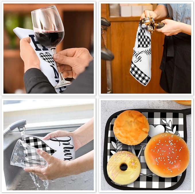 5 Pcs Buffalo Plaid Kitchen Towels Oven Mitts and Pot Holder Set,Heart | Heart Checkered Kitchen Decor, Black and White Kitchen Towels Oven Gloves, Heart Farm House Accessories Decor, High Quality