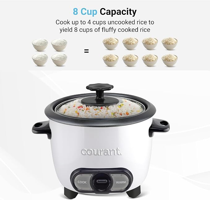 Courant Rice Cooker 8-Cup (Cooked), Removable Non-Stick Bowl, One Touch Rice Cooker, White