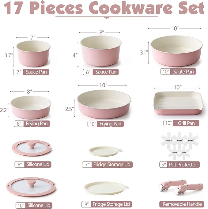 SENSARTE 17 Piece Ceramic Detachable Handle Pots and Pans Set Pink | Ceramic Cookware Set, Induction Cookware Set with Removable Handle, Healthy Non Stick for RV, Dishwasher ＆ Oven Safe