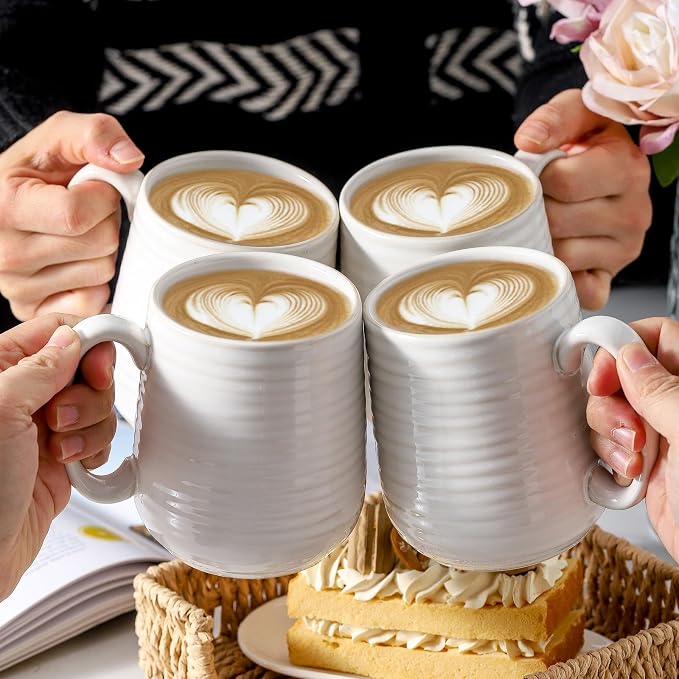 HASENSE Coffee Mugs Set of 4, 15 Ounce Porcelain Latte Mug Set with Handle for Morning Coffee Tea and Cocoa, Ceramic Coffee Cups with Unqiue Glaze for Men, Women, Plain