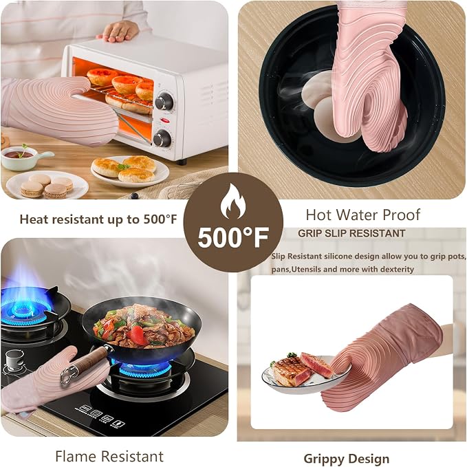 Silicone Oven Mitts-13.6 in Extended Oven Mitts Heat Resistant 500F, Oven Gloves with Soft Liner Good Grippy BPA-Free Easy to Clean Flexible-Oven Mits Set for Cooking Baking Grilling BBQ