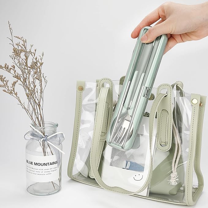 DEVICO Travel Utensils with Case, 18/8 Stainless Steel Silverware for Lunch | 4Pcs Portable Reusable Travel Cutlery Set, Korean Chopsticks Fork and Spoon Set for Camping/Picnic/Work/Gadgets/School, Green