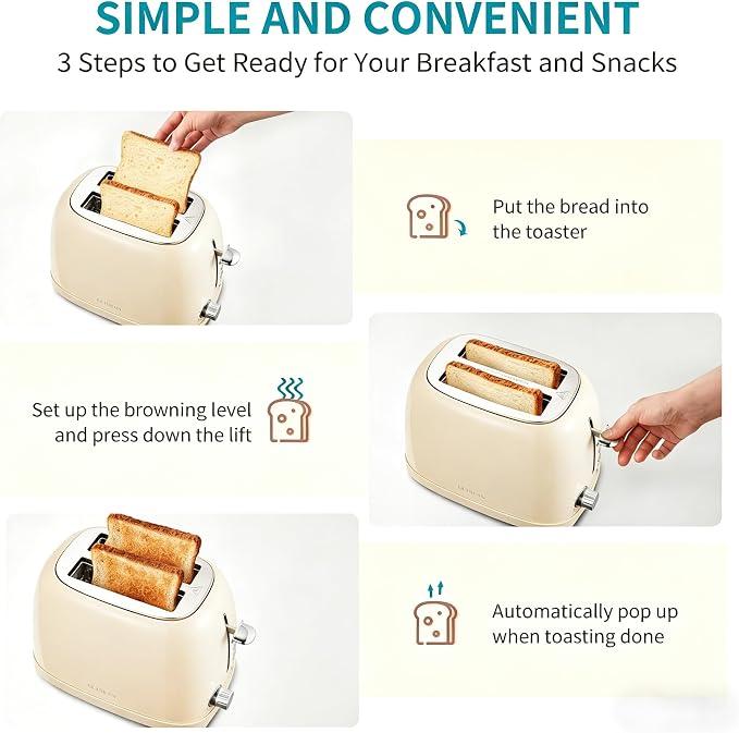 Ultrean Toaster 2 Slice with Extra-Wide Slot for Toasting Bagels, Breads, Waffles & More, Stainless Steel Material with Removable Crumb Tray, 6 Browning Settings