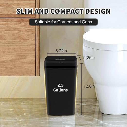3 Pack Bathroom Trash Can with Lid, 2.5 Gallon Small Slim Trashcan, Automatic Trash Can Touchless, Motion Sensor Waterproof Plastic Trash Bin for Bedroom Kitchen Office Living Room (Black+Gray+White)