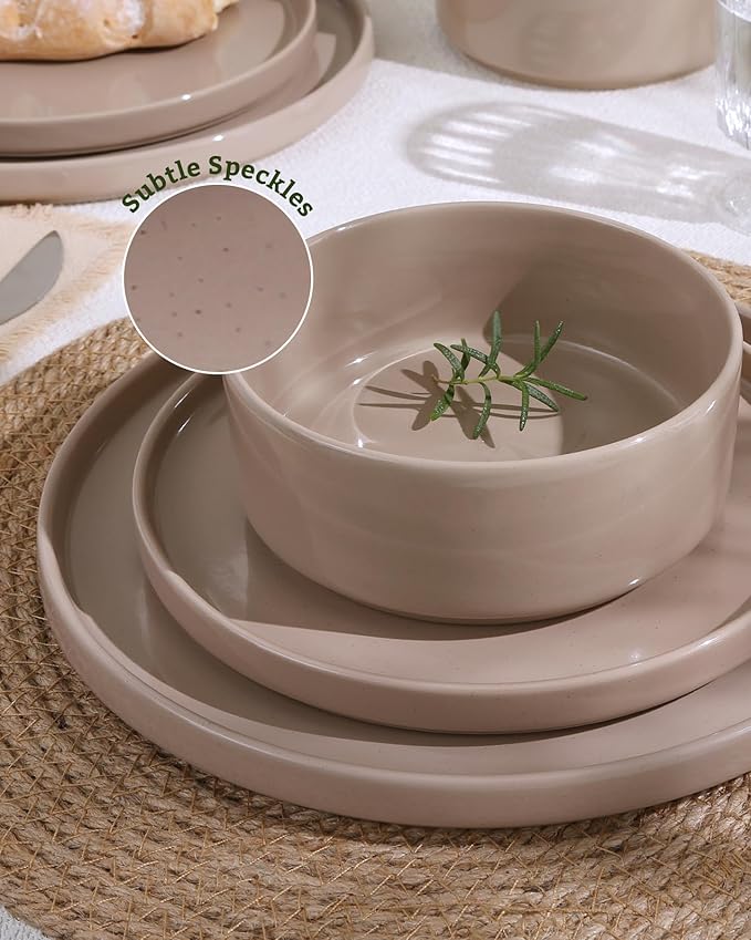Famiware Nebula 16-Piece Dinnerware Set with Pasta Bowls, Cinnamon Brown | Stoneware Plates and Bowls, Service for 4 - Chip & Scratch Resistant, Microwave & Dishwasher Safe