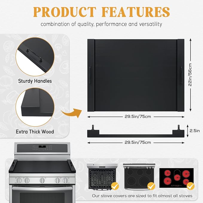 GASHELL Noodle Board Stove Cover with Handles for Electric, Gas Stove Top | 100% Bamboo, Black, Increases Countertop Space, Multi-purpose, used as Charcuterie Board, Serving Tray, Turkey Board