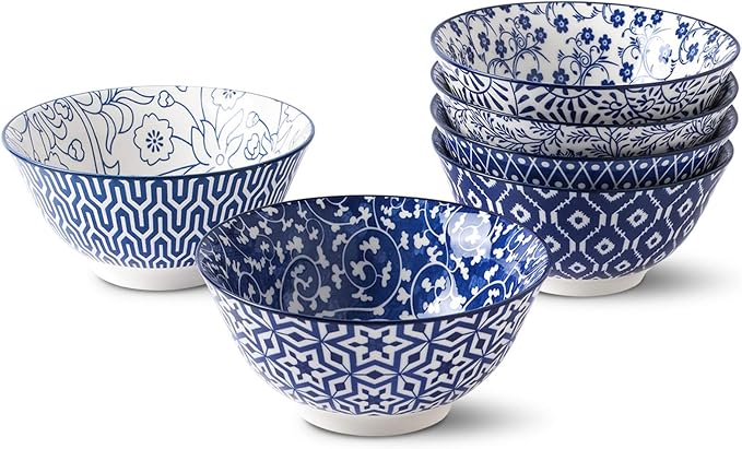 Selamica Blue and White Porcelain 20oz Cereal Bowl Set - Set of 6, 6 inch Soup Bowls, Ceramic bowls for Cereal, Soup, Salad and Pasta, Vintage Blue | Ceramic bowls for Cereal, Soup, Salad and Pasta