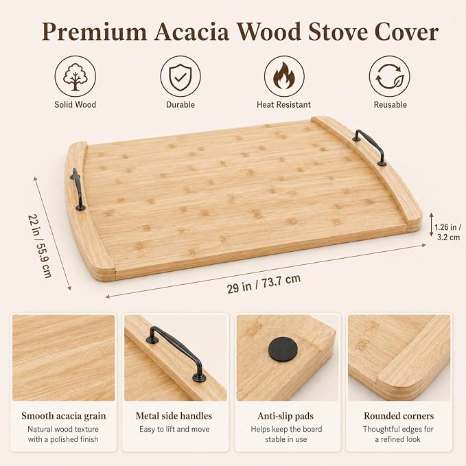 DHARANA Gas Electric Stove Top Cover Wooden Board Burner Glass RV Stovetop | Bamboo Noodle Boards 29*22*1.26