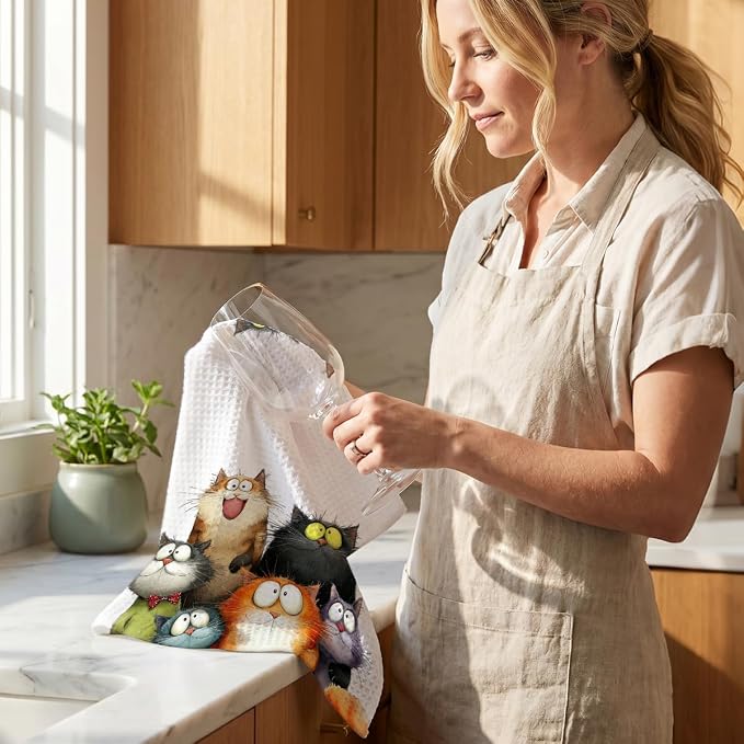 4 Pcs Cute Cat Kitchen Towels, Funny Cats Gifts Absorbent Hand Towels-08 | Cat Dish Cloths for Drying Dishes, Cats Waffle Dish Towels for Kitchen Home Bathroom Decor, Cat Lover Gifts for Women Mom