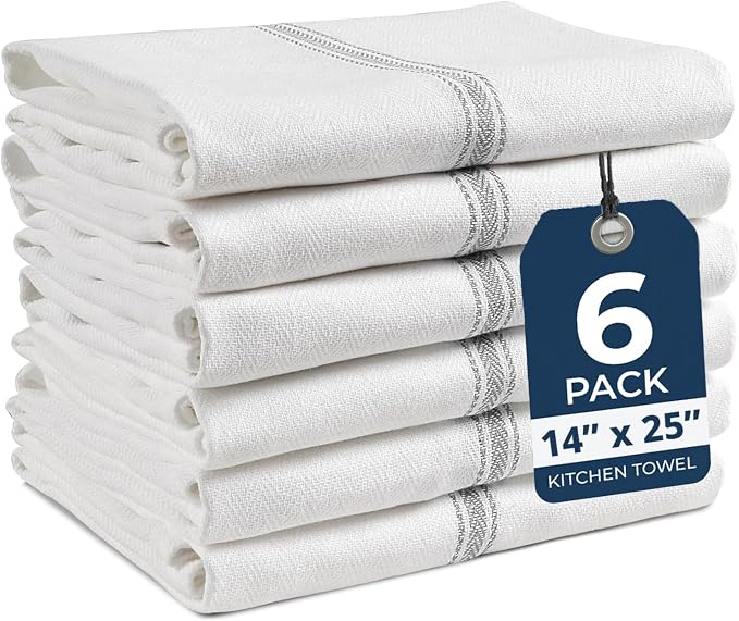 LANE LINEN Kitchen Towel Set, 6 Pack Dish Towels for Kitchen, 100% Cotton Absorbent Tea Towels, Quick Dry, 14"x25", Herringbone Weave, Reusable, Machine Washable, Soft for Drying Dishes - Grey Stripe