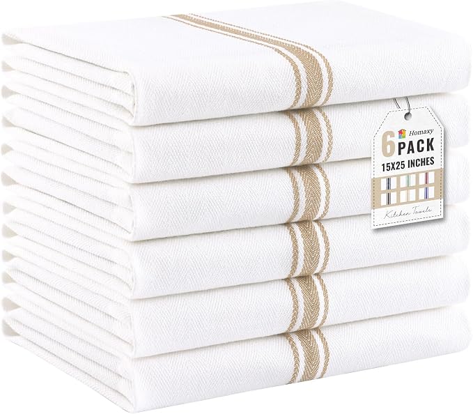 Homaxy 100% Ring Spun Cotton Kitchen Towels 6 Pack, Khaki Stripe | 15 x 25 Inch, Highly Absorbent Dish Towels for Kitchen Drying, Reusable Cleaning Cloths, Soft Tea Towels with Hanging Loop