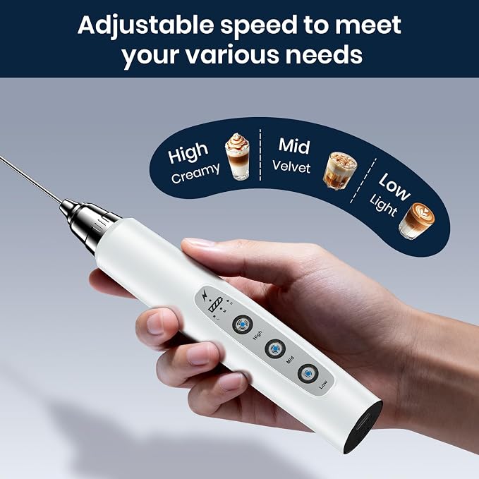 Milk Frother Wand Rechargeable Handheld Electric Whisk 3 Speed Adjustable | Coffee Frother Wand with 3 Stainless Whisks Electric Foam Maker Drink Mixer Blender for Latte Cappuccino Matcha Egg