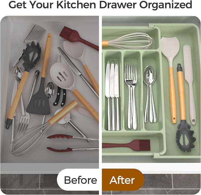 ukeetap Extra Large Expandable Silverware Organizer, Flatware Tray, Green | BPA-Free Food-Safe Kitchen Utensil Cutlery Drawer Organizer, Adjustable Silverware Holder for Spoons Forks Knives
