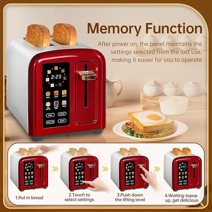 SEEDEEM 2 Slice Stainless Steel Toaster, Touch LCD, 7 Shade, 1350W | 6 Bread Type, 7 Shade Setting, 1.5''Wide Slots, Removable Crumb Tray