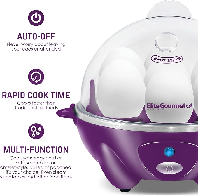 Elite Gourmet EGC700P Rapid Egg Cooker, 7-Egg, BPA-Free, Eggplant