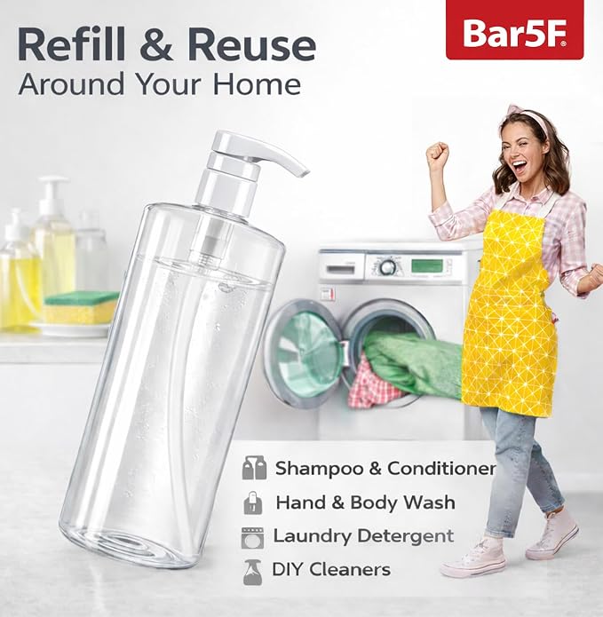 Bar5F Pump Bottle 32-Ounce 1-Liter Empty | For Shampoo Conditioner Body Wash Lotion, BPA-Free, Crystal-Clear, Pack of 1