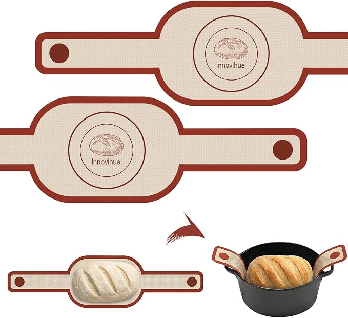 Silicone Bread Sling for Dutch Oven, 2-Pack Reusable Sourdough Baking Mats | Non-Stick Reusable Dutch Oven Liners with Long Handles for Easy Bread Transfer, Sourdough Baking and Quick Cleaning