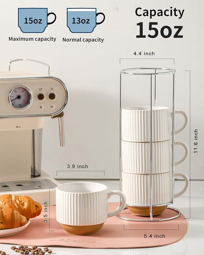 HASENSE 15 oz Ribbed Stackable Ceramic Coffee Mug Set of 4, White & Light Brown Cups with Metal Holder, Dishwasher & Microwave Safe for Cappuccino Tea Hot Cocoa, Wedding Housewarming Gifts