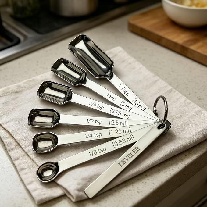 Stainless Steel Teaspoon Measuring Spoons Set of 7 with Leveler | Long Handle Rectangular Metal Teaspoon Tablespoon for Measuring Kitchen Spice, Dry & Liquid Ingredients