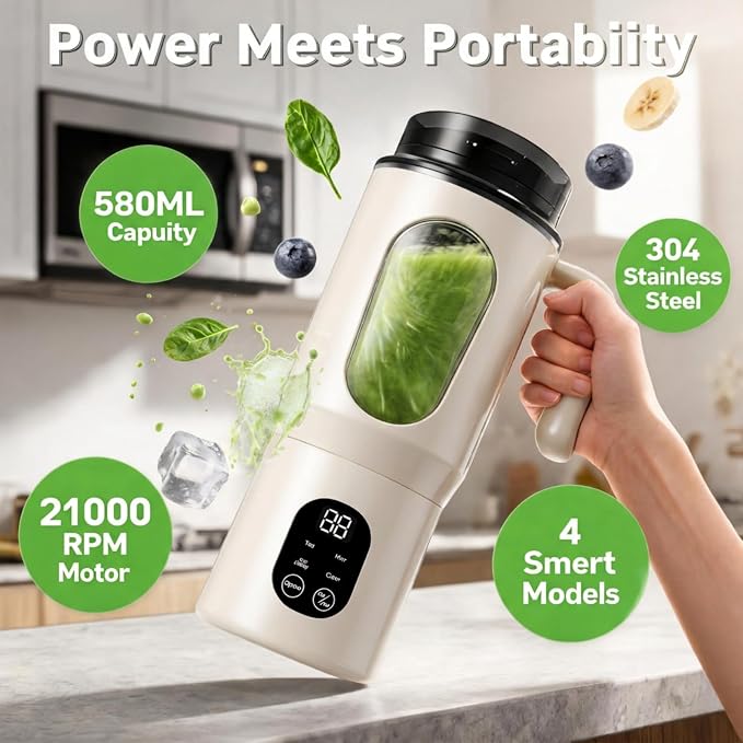 Lilogi 580ML Portable Blender with LED Display, 12-Blade USB-C Rechargeable Travel Blender with Handle & Extra Lid, Ideal for Kitchen, Office, Gym & Outdoor Sports