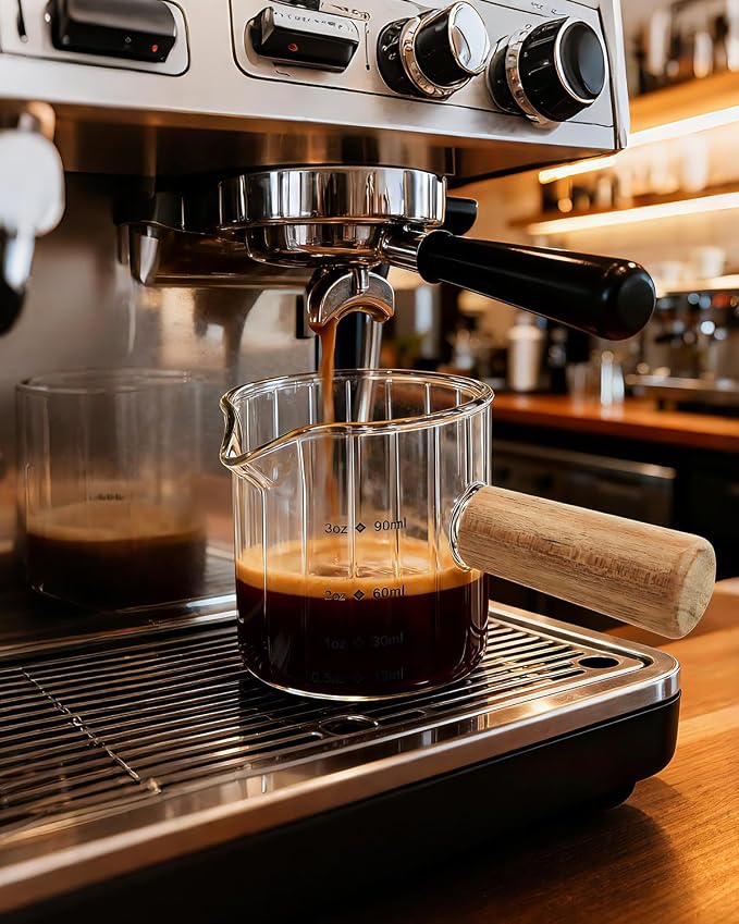 Espresso Measuring Cup 3 Oz, Espresso Glass Cups with Wood Handle, Milk Frothing Cup, Espresso Cup for Coffee, Milk, Tea or Maple Syrup Serving