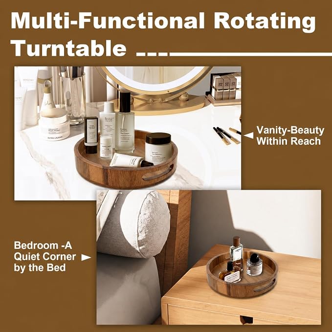 Wooden Lazy Susan – 10 in Acacia Wood Turntable Organizer for Cabinet，Multi-Purpose Home Decor Rotating Tray for Bathroom Accessories, Bedroom Makeup Organizer & Countertop Storage